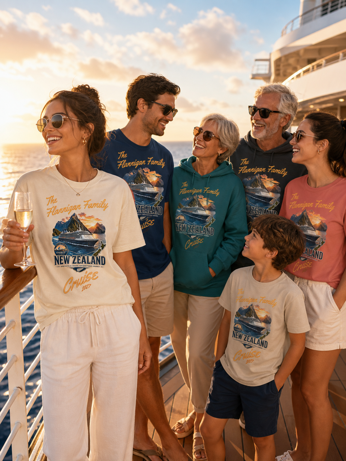 Australian family wearing personalised New Zealand cruise T-shirts and hoodies together on a cruise ship deck