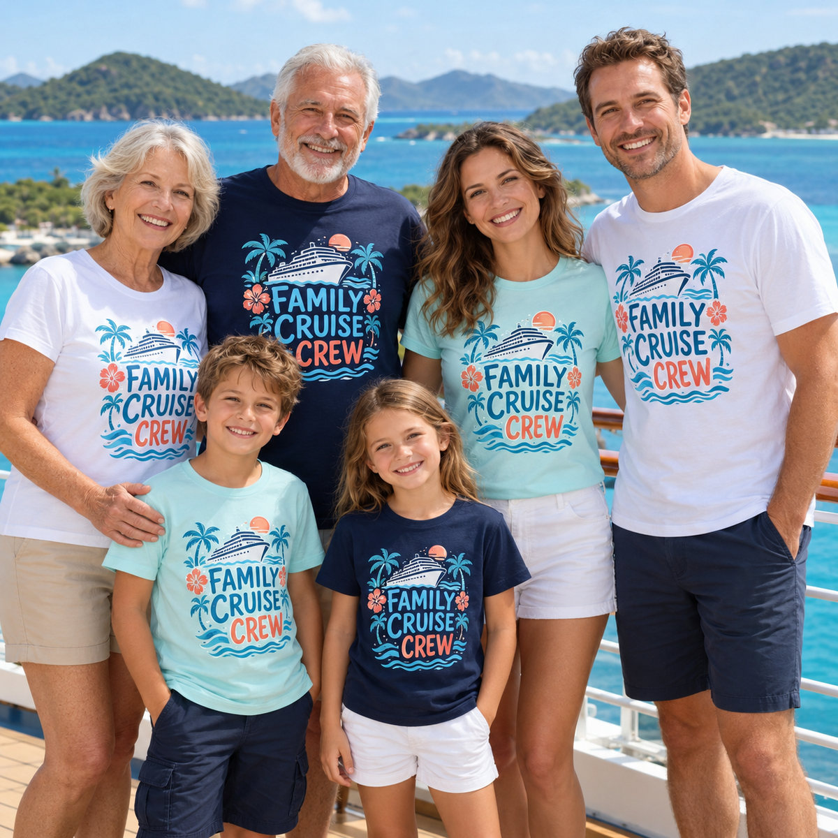 Family wearing matching cruise shirts in white, aqua and navy on a cruise ship with tropical islands behind them.
