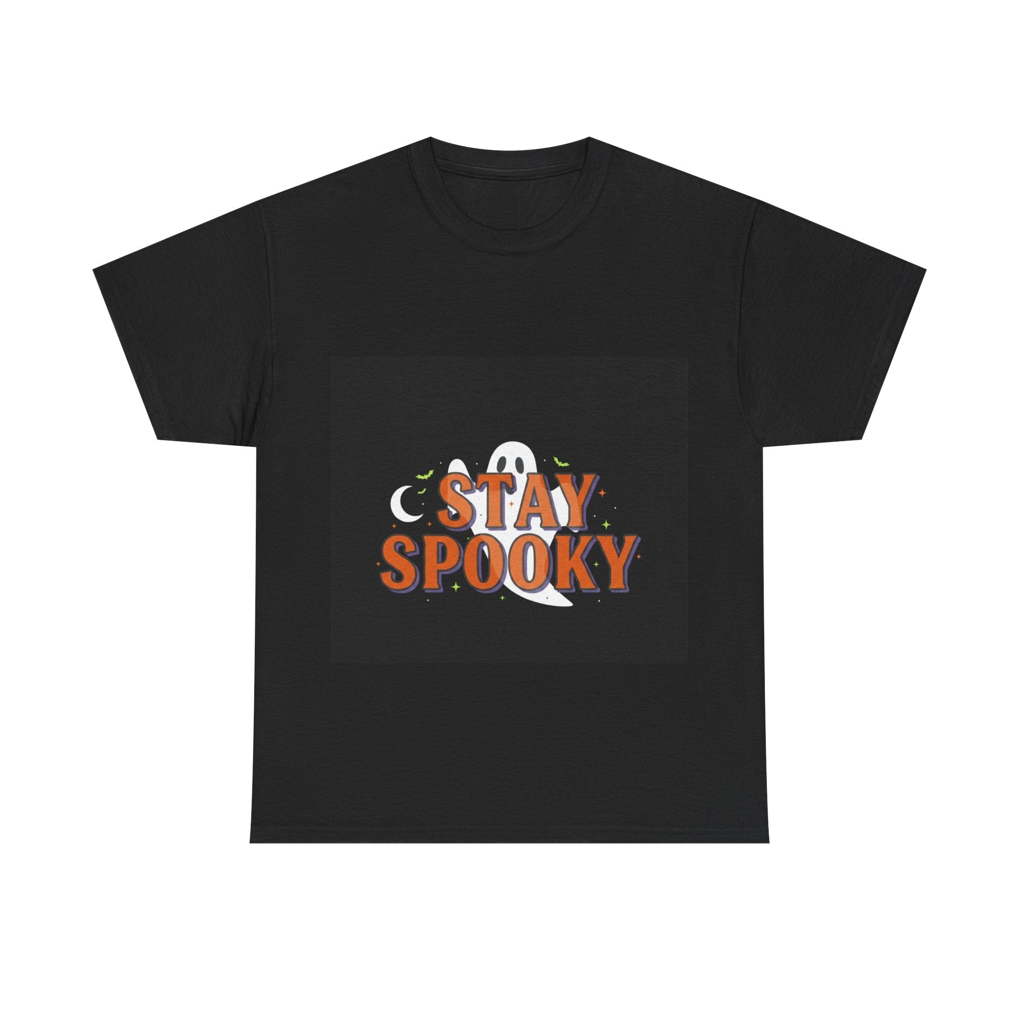 Spooky white ghost floating on a black custom-printed Halloween t-shirt, featuring a classic minimalist spirit design for a clean and festive holiday look.