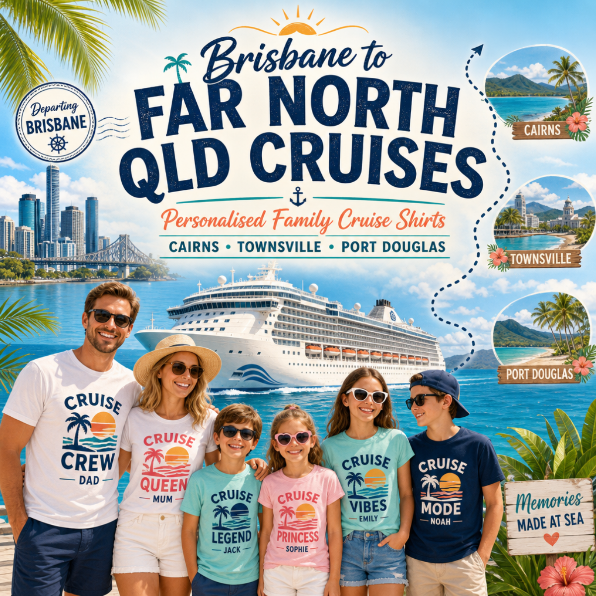 Family wearing personalised cruise shirts on a Brisbane to Far North Queensland cruise featuring Cairns, Townsville and Port Douglas.
