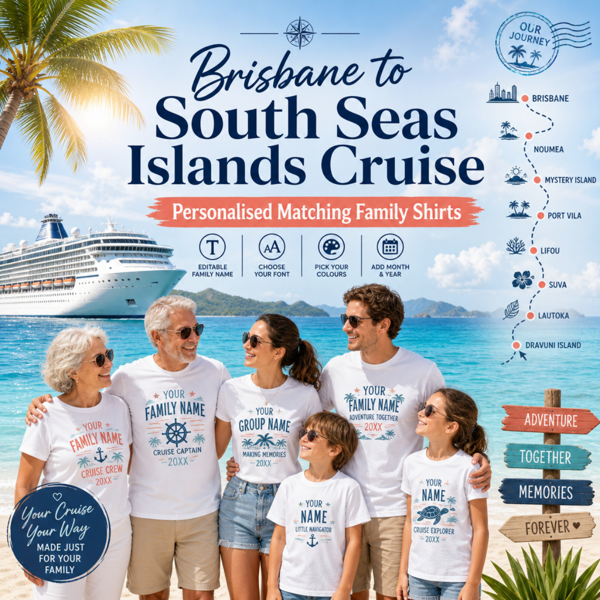 Personalised Brisbane to South Seas Islands family cruise shirts with matching designs for adults and kids, featuring Noumea, Mystery Island, Port Vila, Lifou, Suva, Lautoka and Dravuni Island.