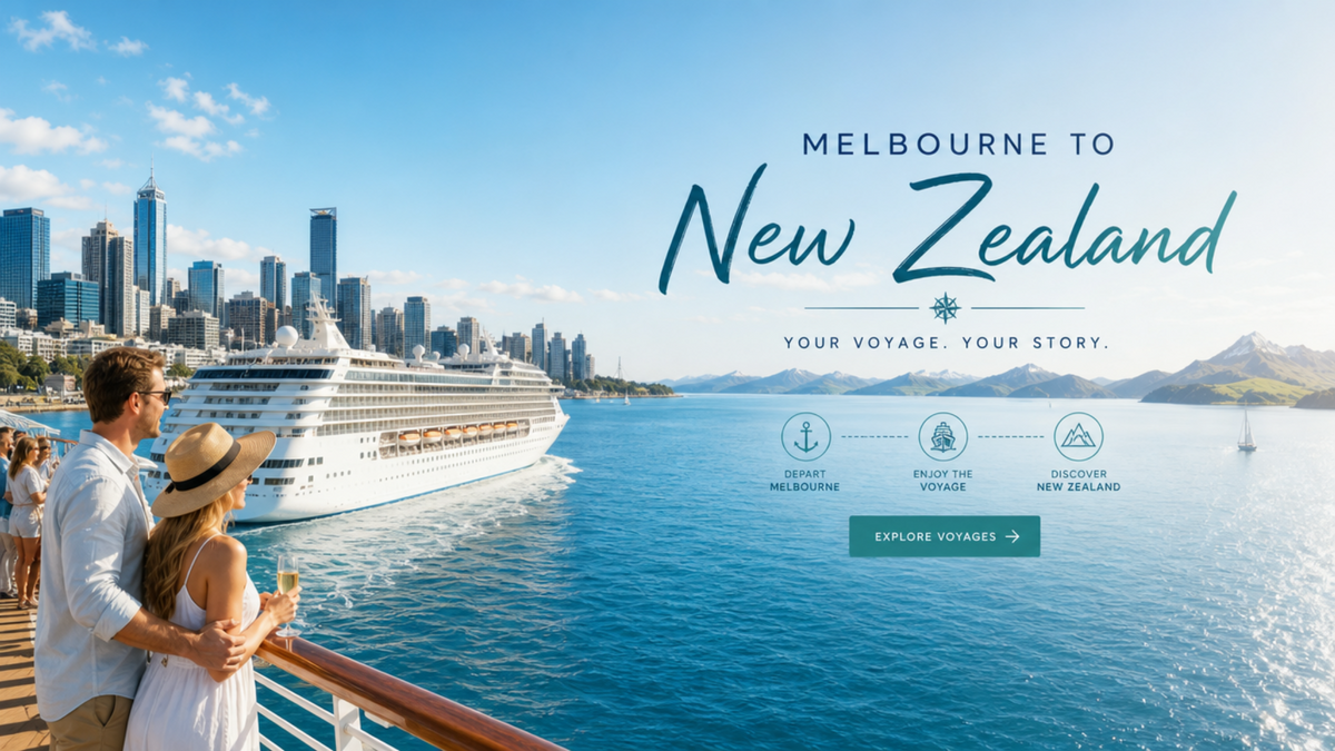 Melbourne to New Zealand cruise banner showing passengers on a cruise ship overlooking Melbourne, with ocean scenery and New Zealand mountains in the background.