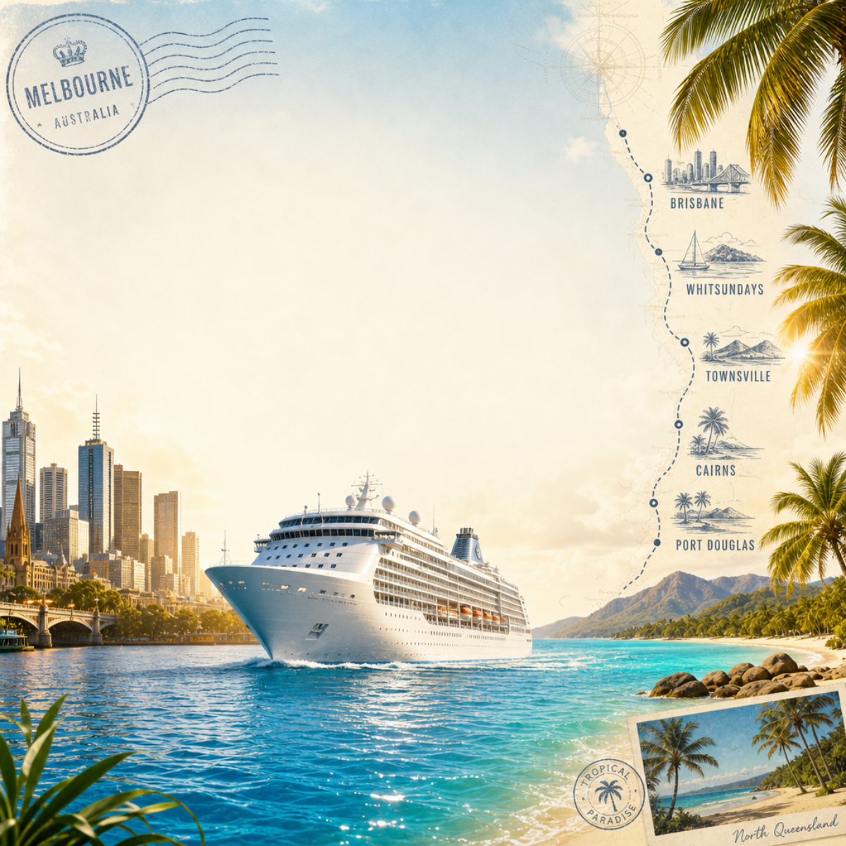 Sydney to Far North Queensland and Whitsundays cruise route featuring Brisbane, Whitsundays, Townsville, Cairns and Port Douglas with cruise ship and tropical coastline.