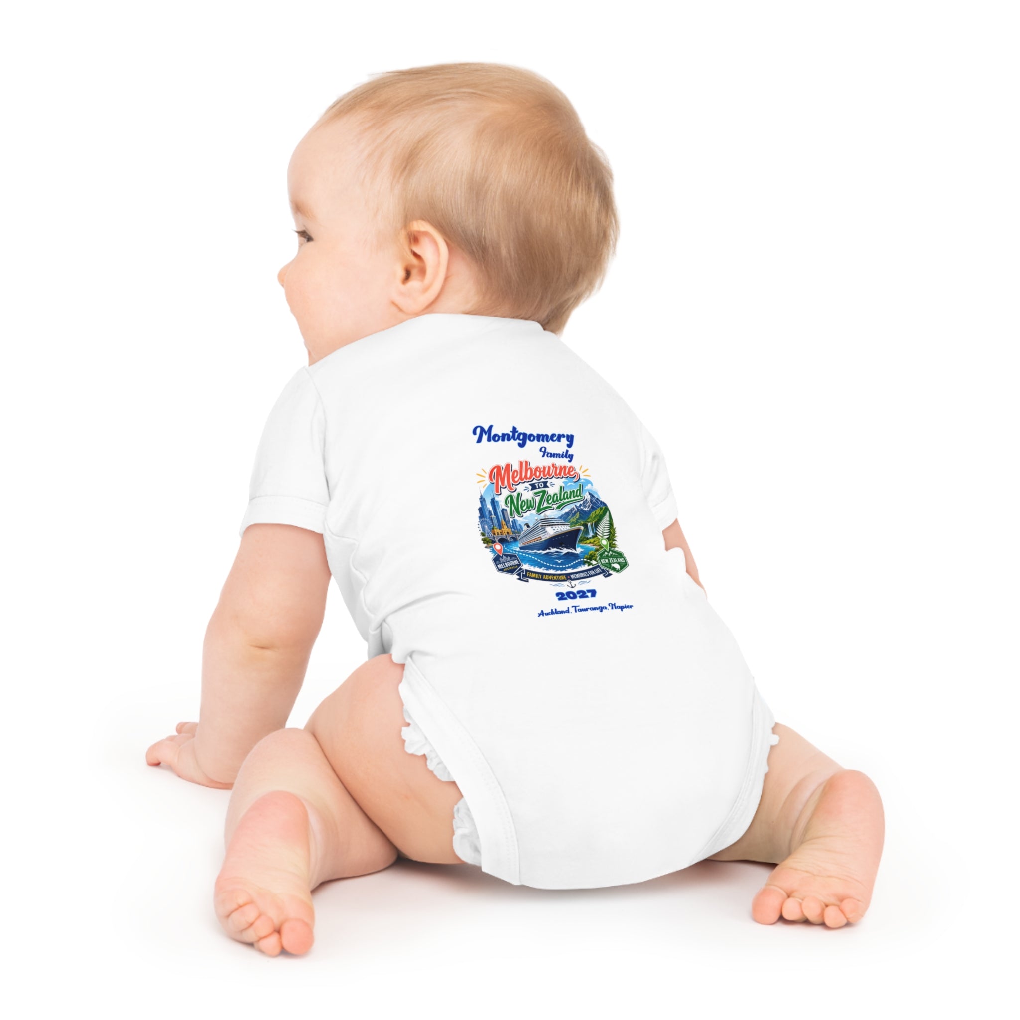 Baby Bodysuit — Vintage Travel Whale Design “Melbourne New Zealand 2027”