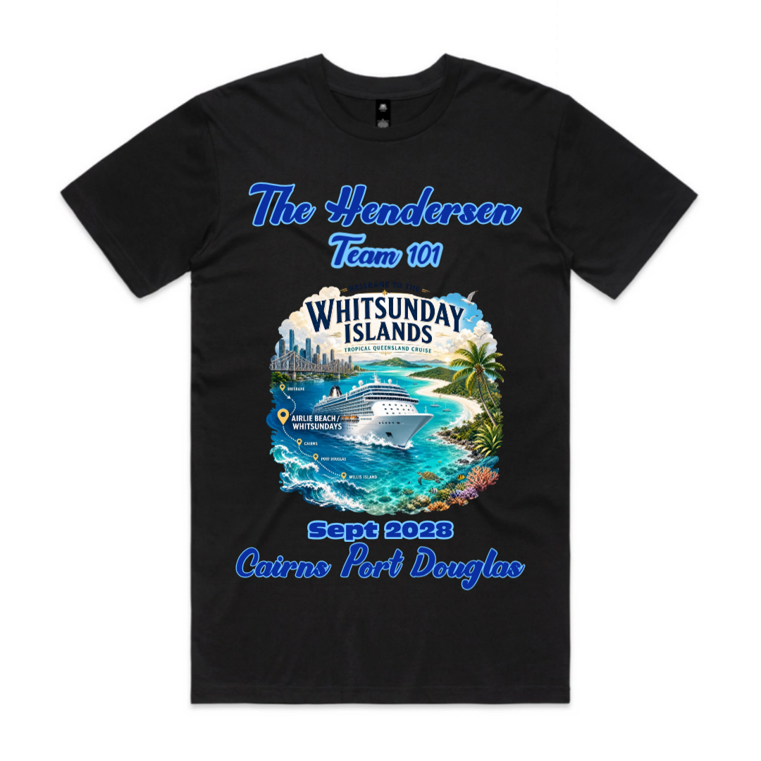 Black men’s AS Colour Staple Tee with personalised Henderson Team 101 Brisbane to Whitsundays cruise design, Sept 2028, featuring Airlie Beach, Cairns and Port Douglas.