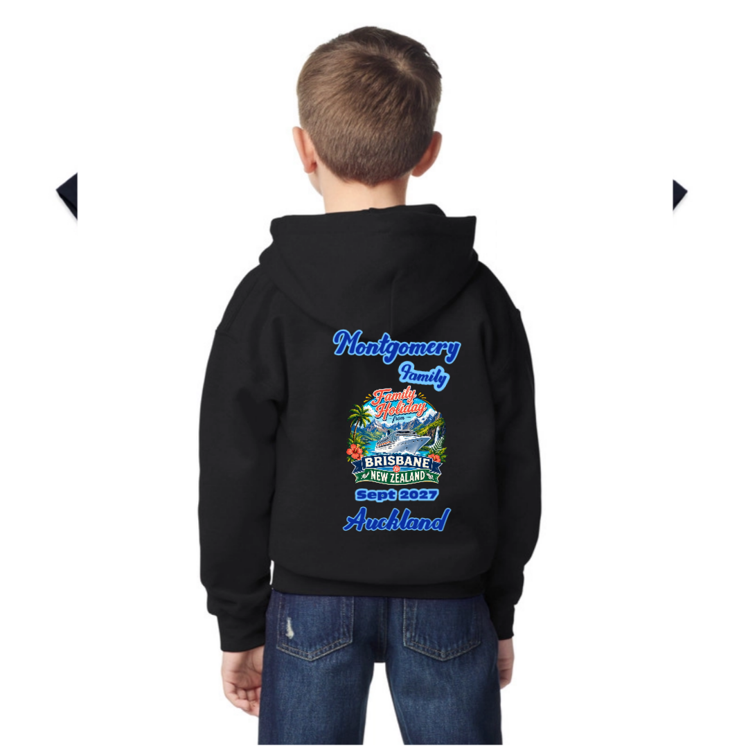 Black Gildan youth hoodie personalised for a Brisbane to New Zealand cruise with family name, departure month and year, and cruise stopovers.