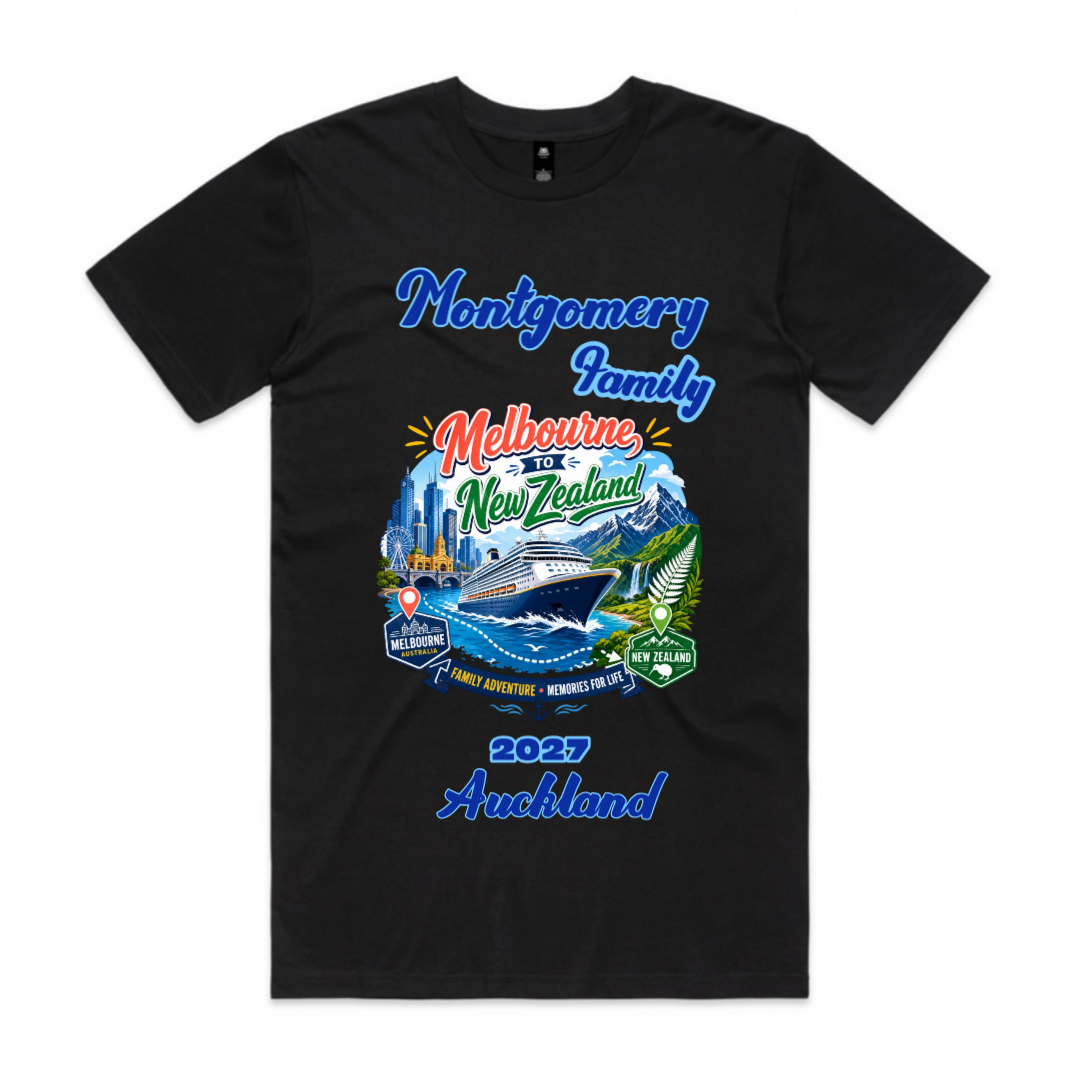 Personalised black Staple Tee cruise T-shirt featuring the family name, cruise year and New Zealand destination, departing from Melbourne.