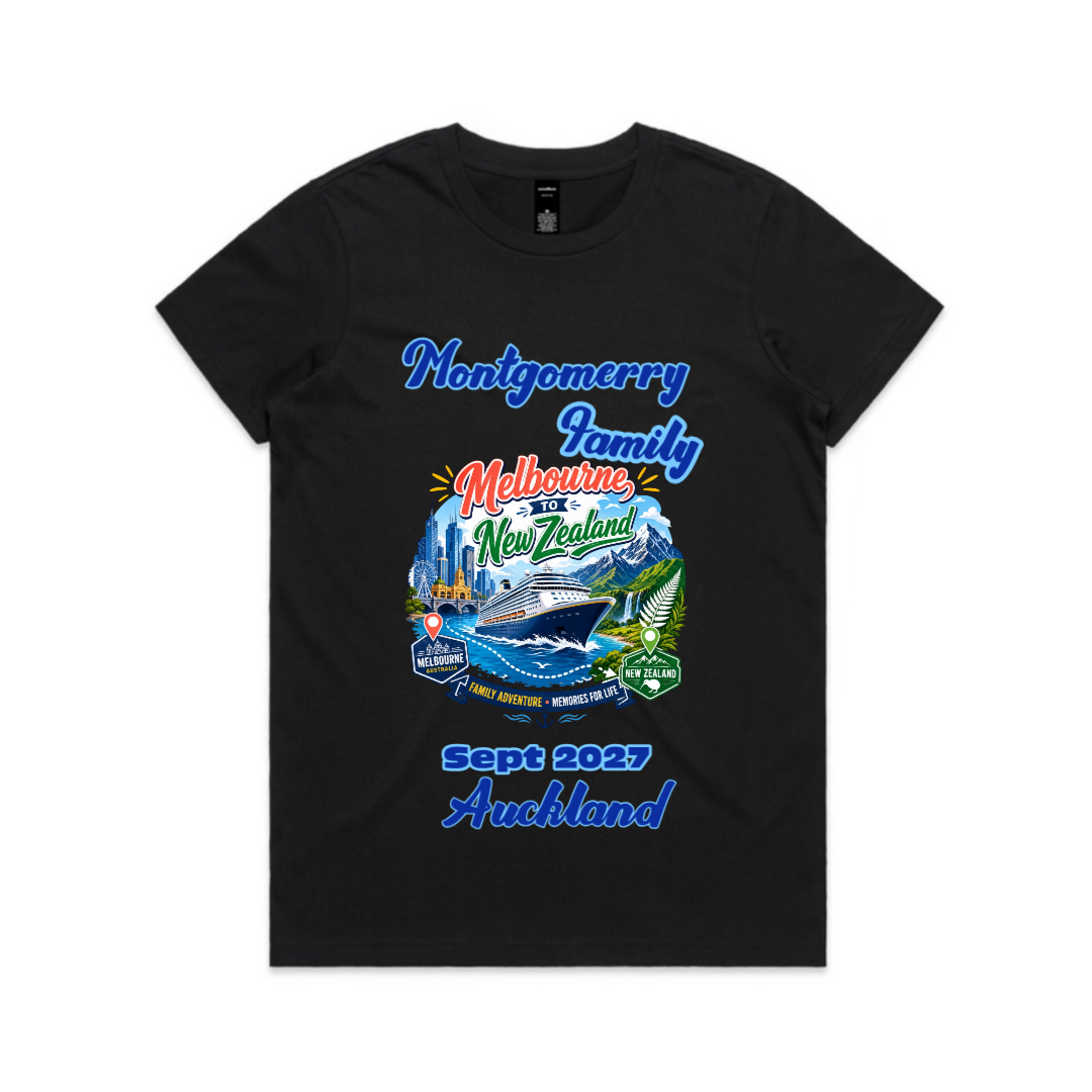Black AS Colour Maple Tee with a personalised Melbourne to New Zealand cruise graphic printed on the back.