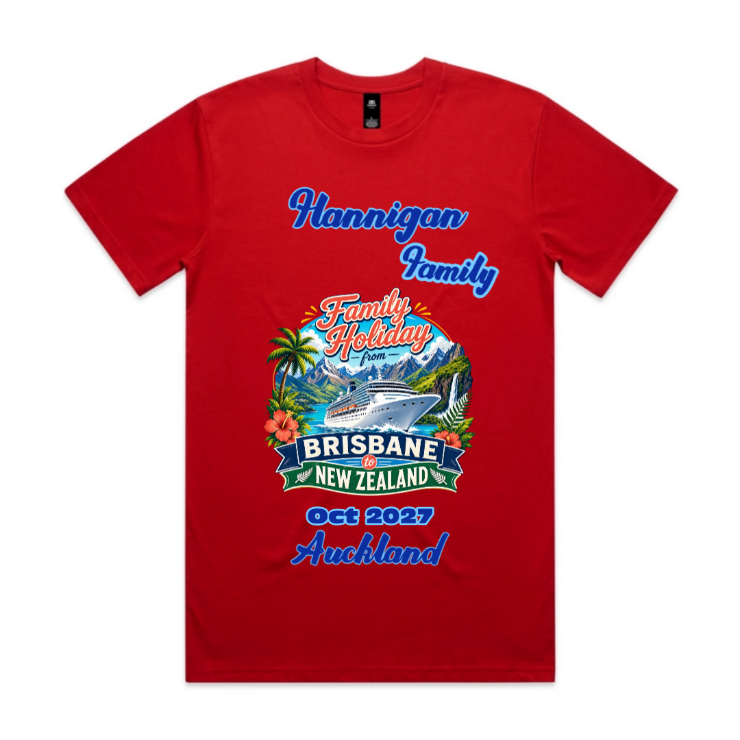 Red Staple Tee personalised for a Brisbane to New Zealand cruise with family name, departure month and year, and cruise stopovers.