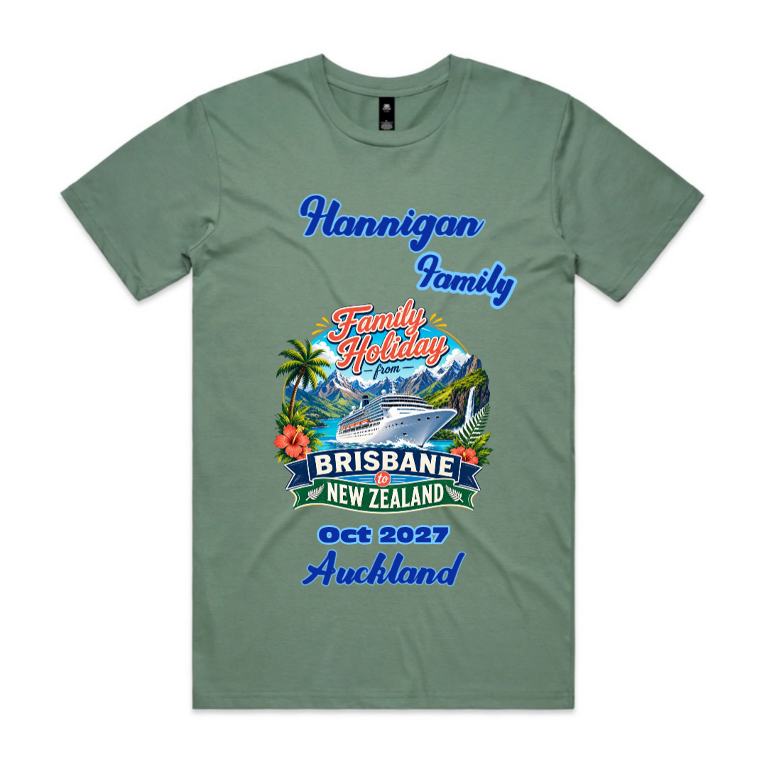 Sage Staple Tee customised for a Brisbane to New Zealand cruise with family name, departure month and year, and personalised cruise stopovers.