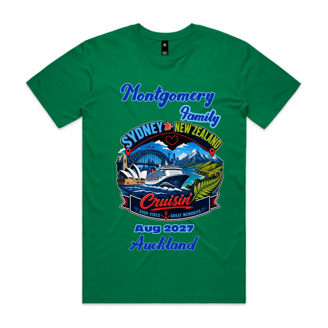 Personalised Sydney to New Zealand family cruise T-shirt in Kelly Green with cruise ship graphic, family name, cruise year and Auckland stopover.