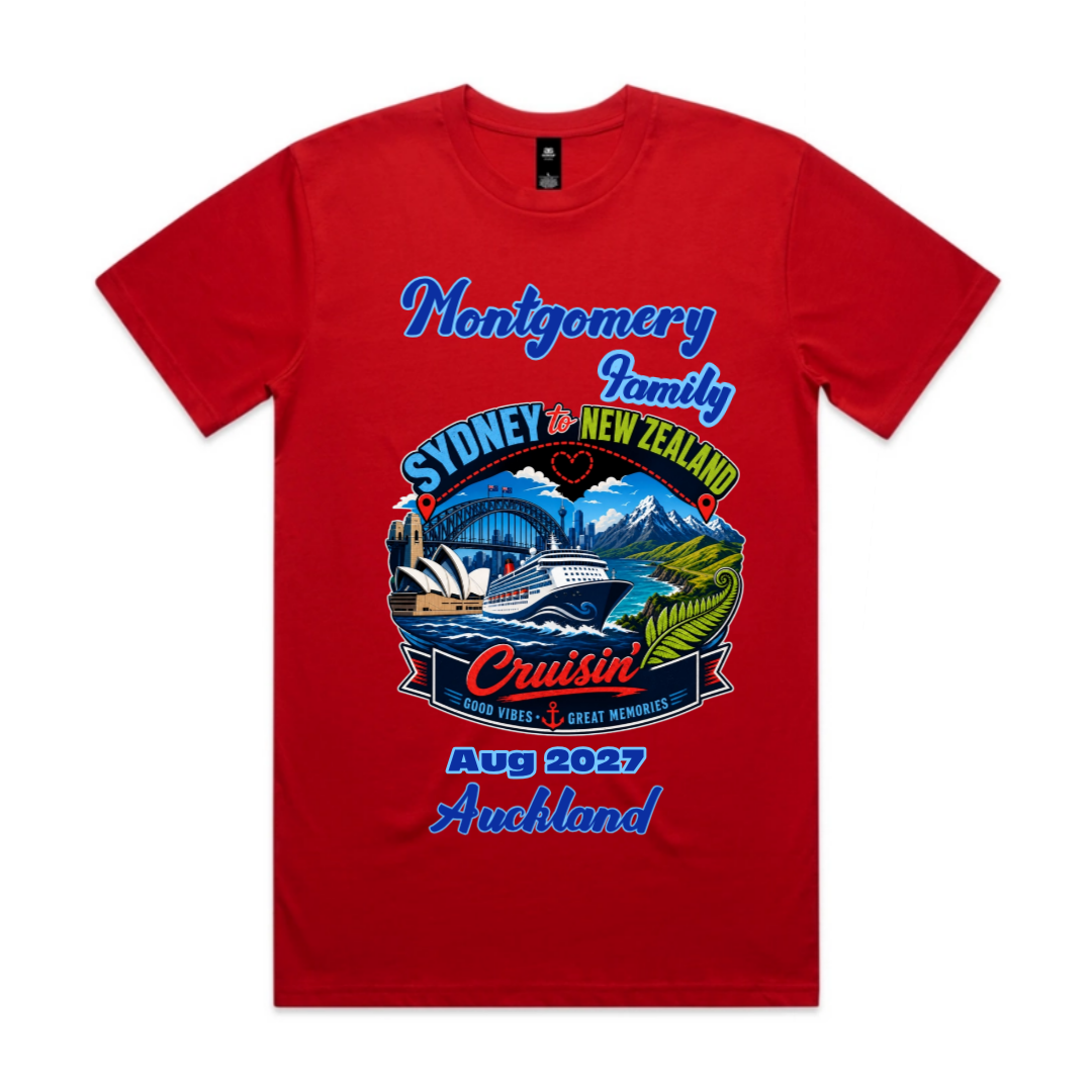 Personalised Sydney to New Zealand family cruise T-shirt in red with custom family name, cruise year, Auckland stopover and colourful cruise ship graphic.