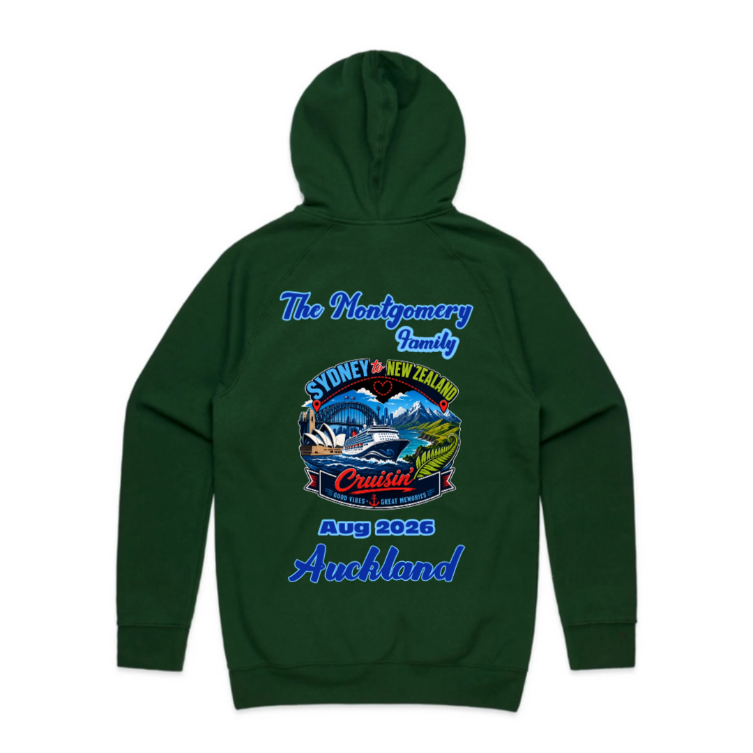 Personalised AS Colour Supply Hoodie in Forest Green with Sydney to New Zealand family cruise graphic, family name, cruise year and Auckland stopover.