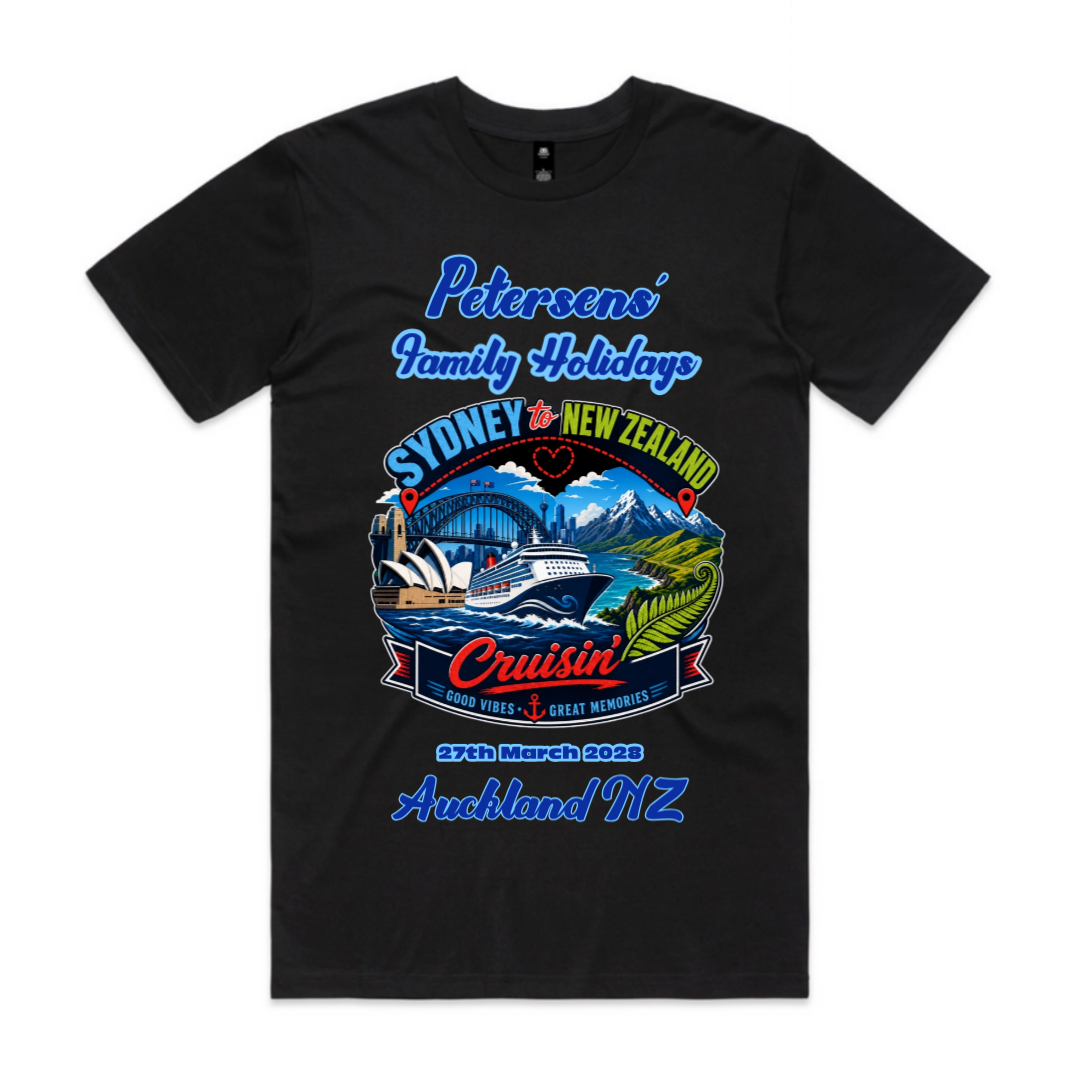 Personalised black AS Colour Staple Tee with front print for a Sydney to New Zealand cruise, featuring family name, cruise date, Auckland NZ destination and matching family holiday design.