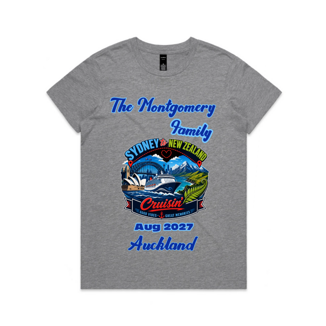 Personalised Grey Marle AS Colour Maple Tee with Sydney to New Zealand family cruise graphic, family name, cruise date and Auckland stopover.
