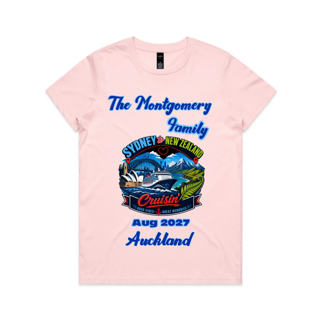 Personalised pink AS Colour Maple Tee with Sydney to New Zealand family cruise design, custom family name, cruise year and Auckland stopover.
