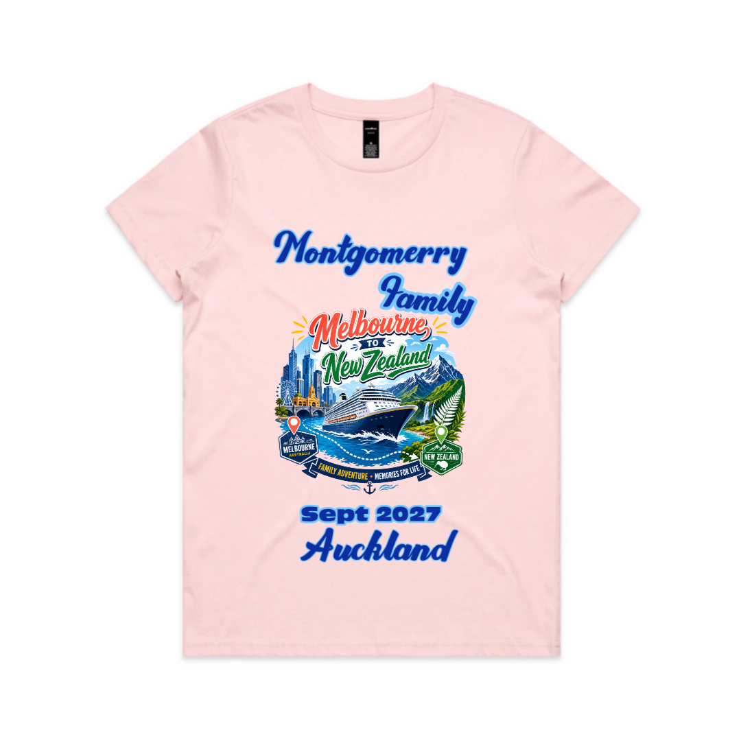 Pink AS Colour Maple Tee with personalised Melbourne to New Zealand cruise graphic printed on the back.