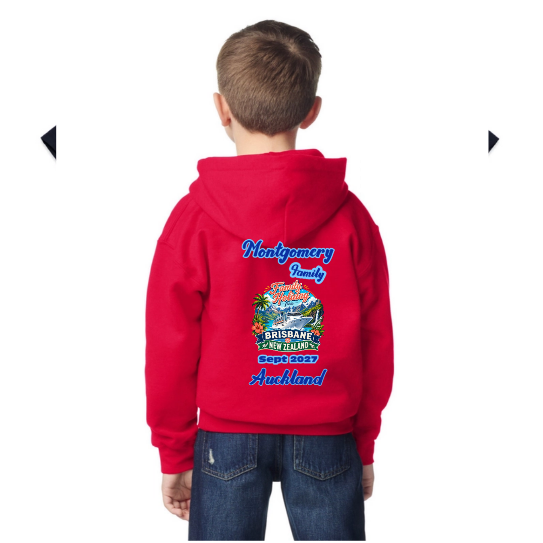 Red Gildan youth hoodie personalised for a Brisbane to New Zealand cruise with family name, departure month and year, and cruise stopovers.