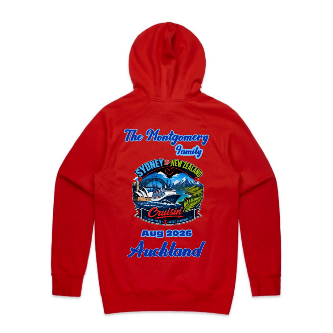 Personalised Sydney to New Zealand family cruise AS Colour Supply Hoodie in red with custom family name, cruise year and Auckland stopover graphic.