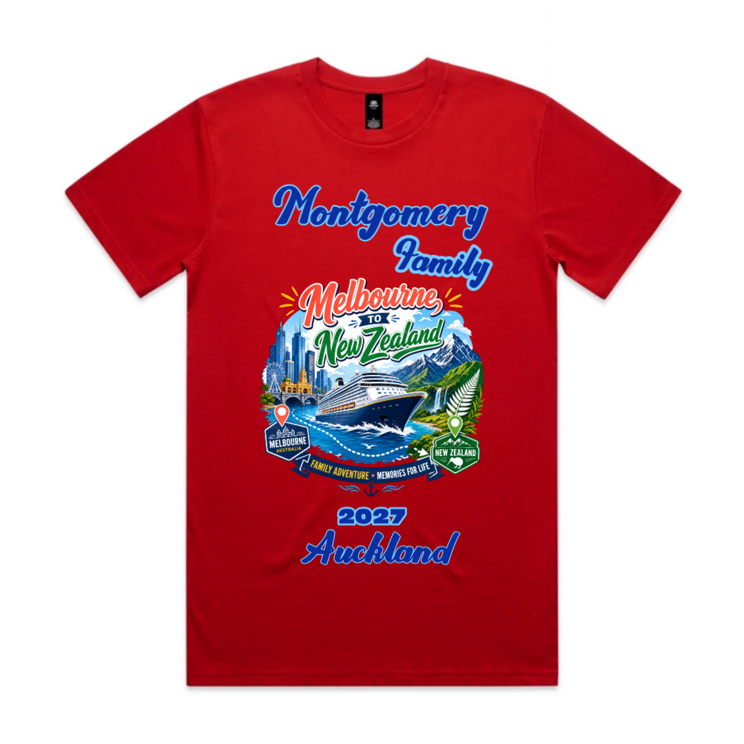 Red Staple Tee with personalised family cruise graphic, family name, cruise year and New Zealand destination, departing Melbourne.