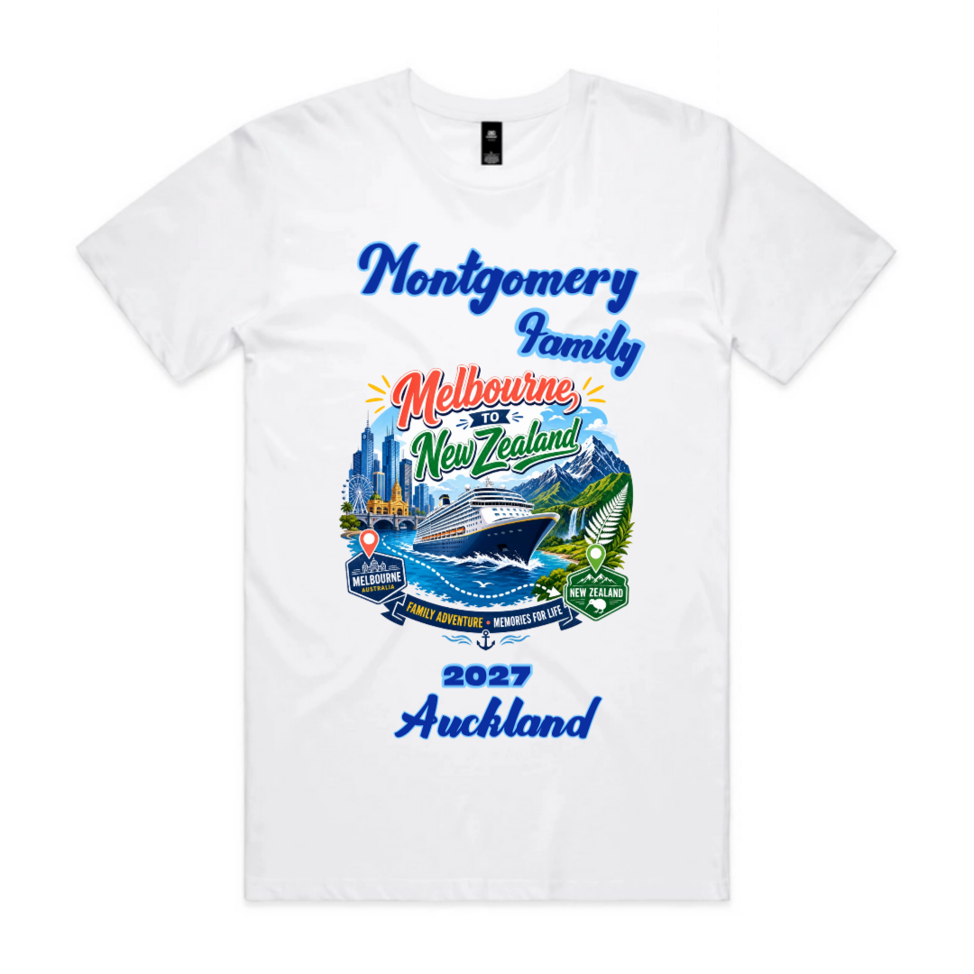 White Staple Tee with a personalised New Zealand cruise graphic featuring the family name, cruise year and departure from Melbourne.