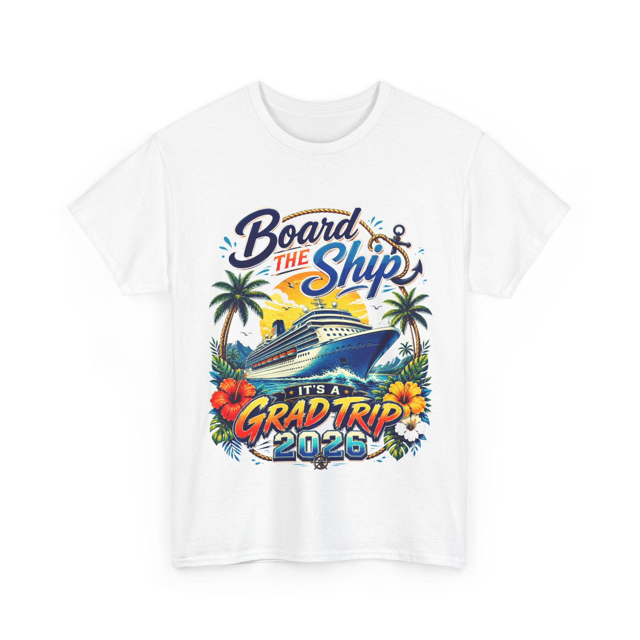 White t-shirt with a colorful graphic design featuring a cruise ship, palm trees, and text on a white background.