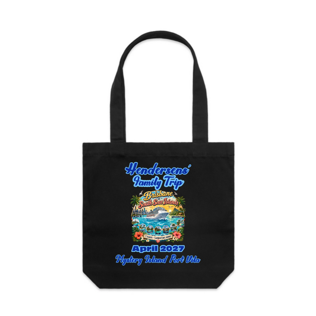 Black AS Colour Carrie tote bag personalised for a Brisbane to South Seas Islands family cruise with Mystery Island and Port Vila.