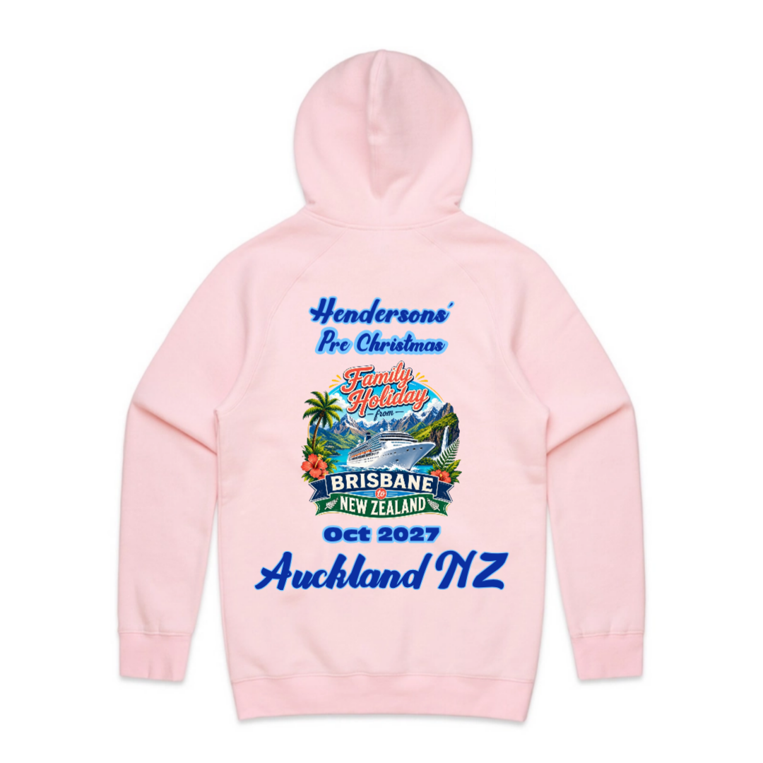 Personalised Pink AS Colour Supply Hoodie for a Brisbane to New Zealand cruise, featuring family name, cruise date, Auckland stopover and matching family holiday cruise design