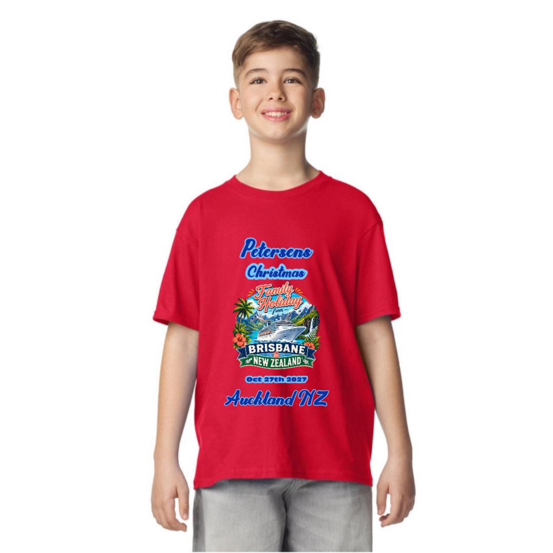 Personalised kids red Gildan Softstyle Tee for a Brisbane to New Zealand cruise, featuring family name, cruise date, Auckland stopover and matching family holiday cruise design.