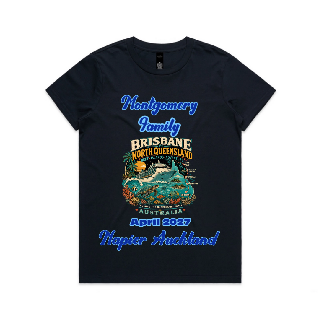 Personalised ladies black cruise T-shirt for Brisbane to North Queensland featuring family name, cruise date, stopovers and tropical cruise ship design.