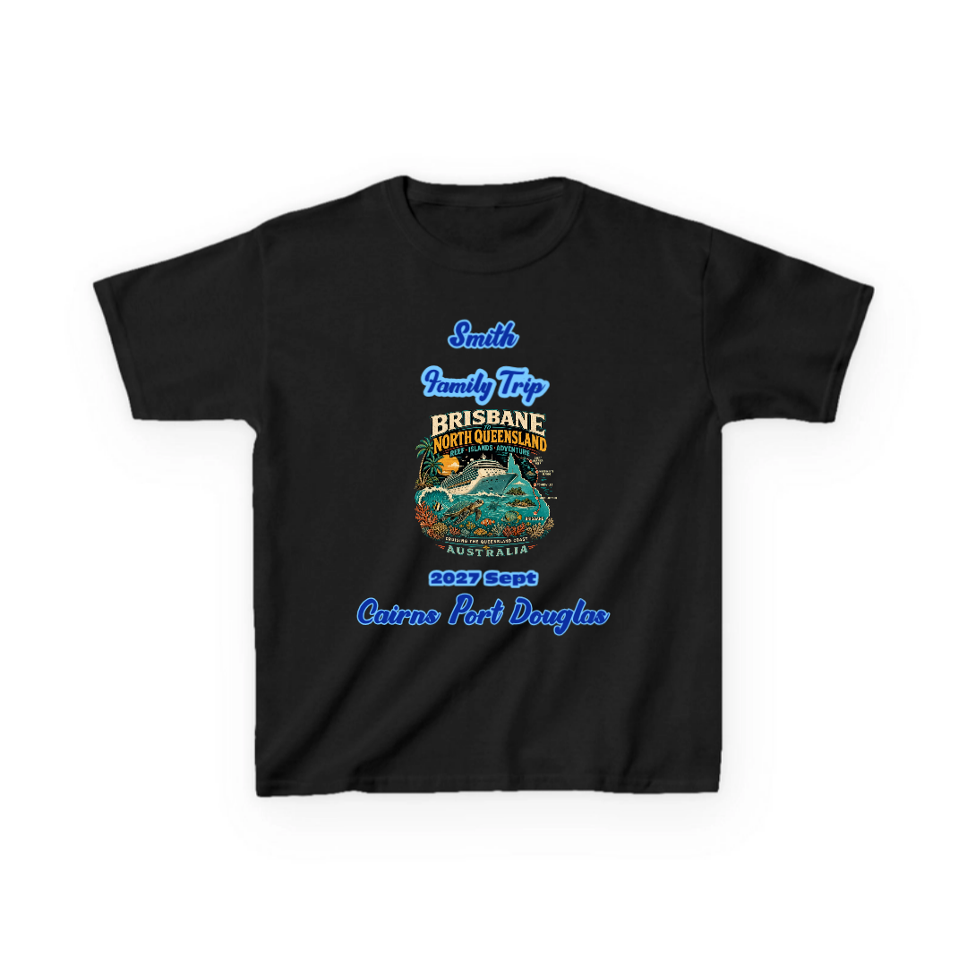 Black kids personalised Brisbane to North Queensland cruise T-shirt with family name, travel date and Cairns Port Douglas design