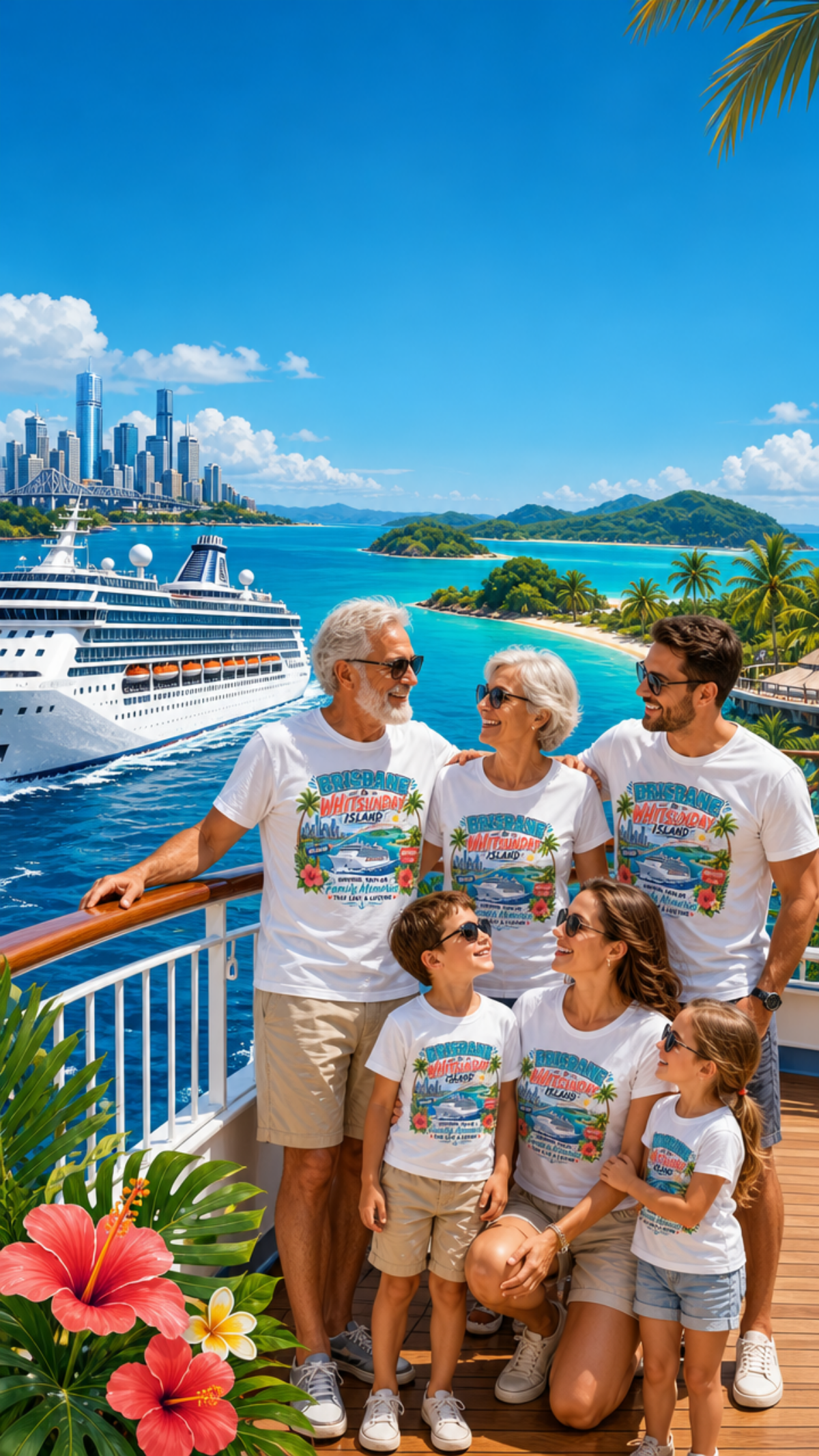 Family wearing matching Brisbane to Whitsunday Island cruise shirts on a cruise ship deck with tropical islands in the background.