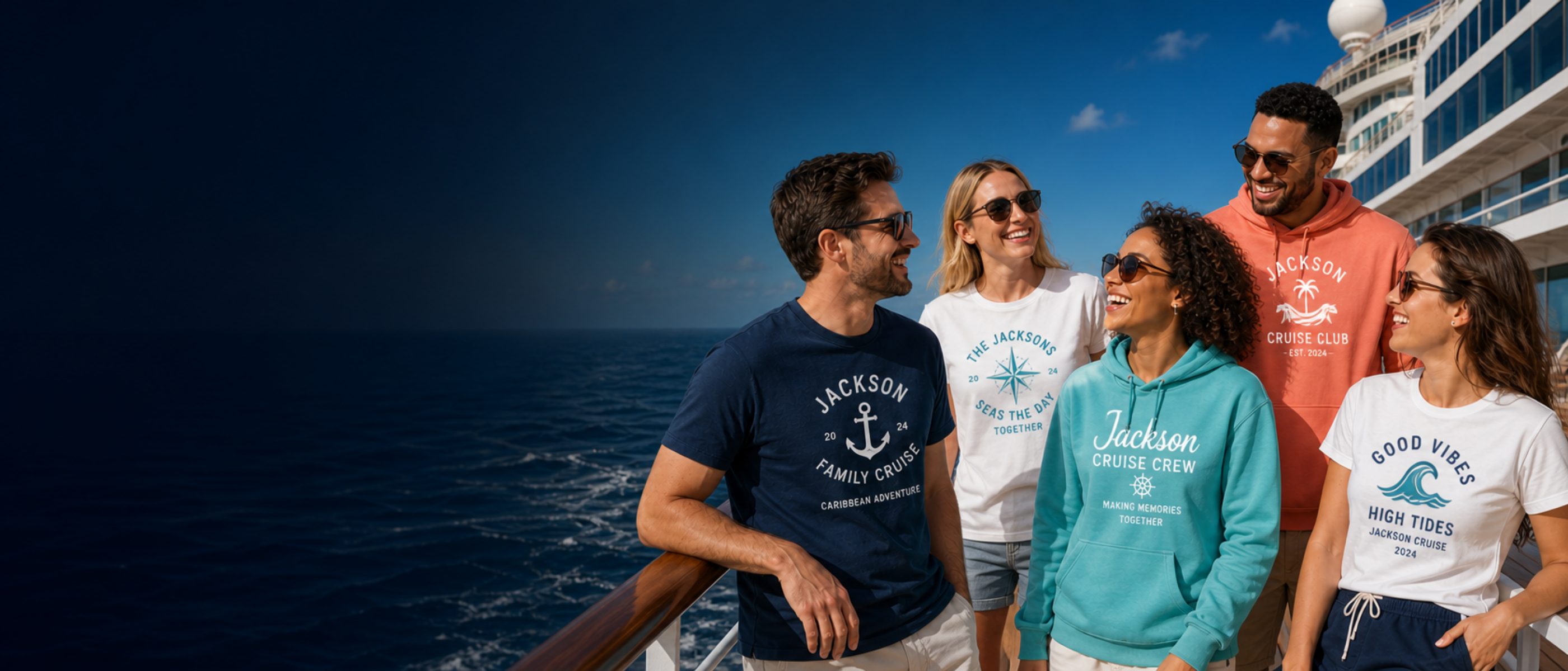 Friends wearing custom cruise T-shirts and hoodies while enjoying a day on a cruise ship.