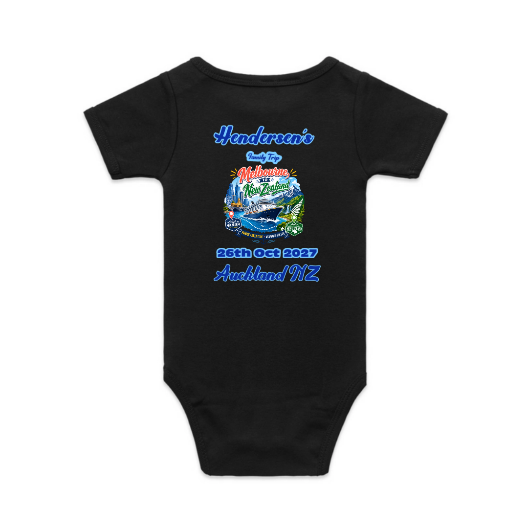 Personalised light pink AS Colour baby bodysuit with back print for a Melbourne to New Zealand cruise, featuring family name, cruise date and Auckland destination.