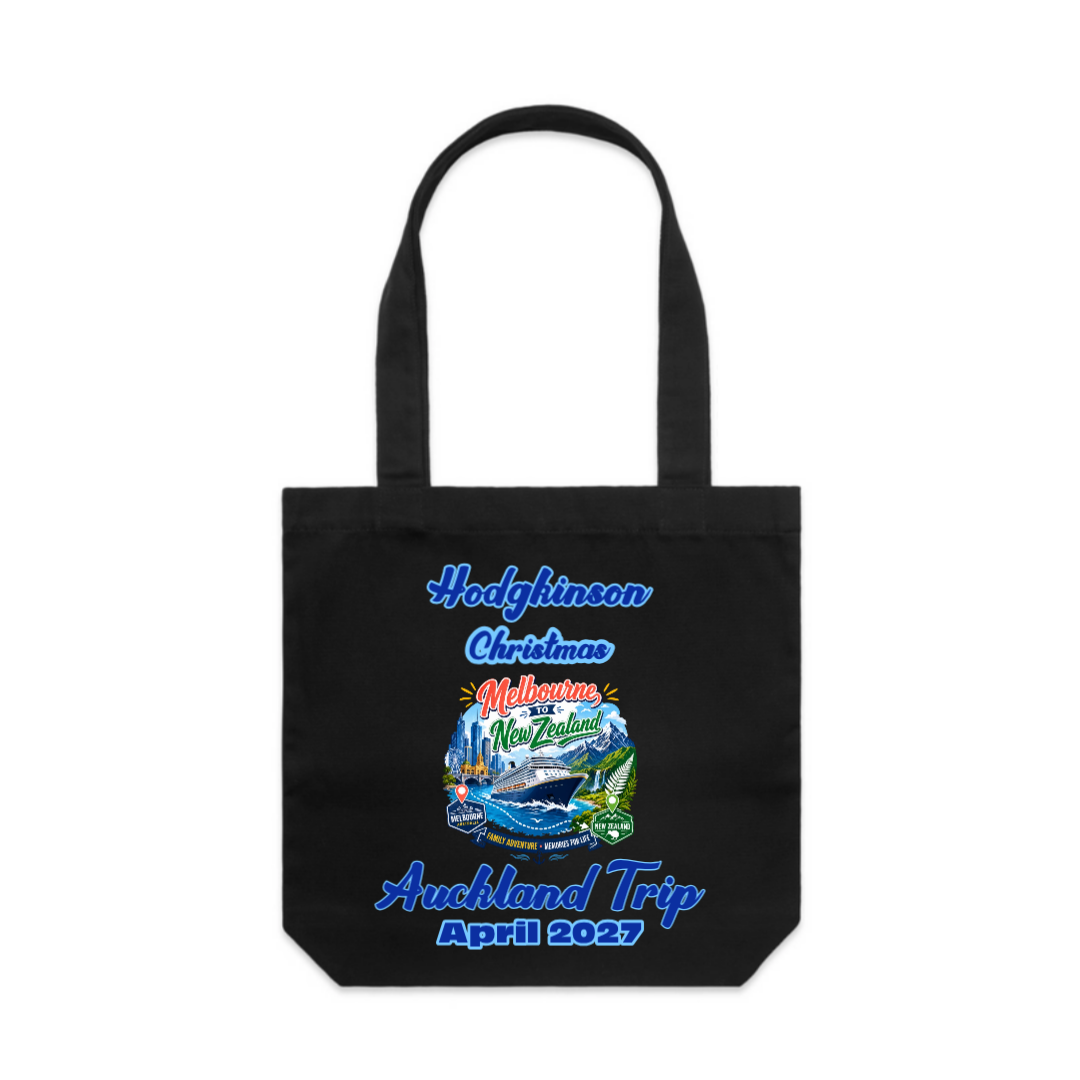 Personalised Black AS Colour Carrie Bag for a Melbourne to New Zealand cruise, featuring family name, Auckland trip, cruise date and matching family holiday design