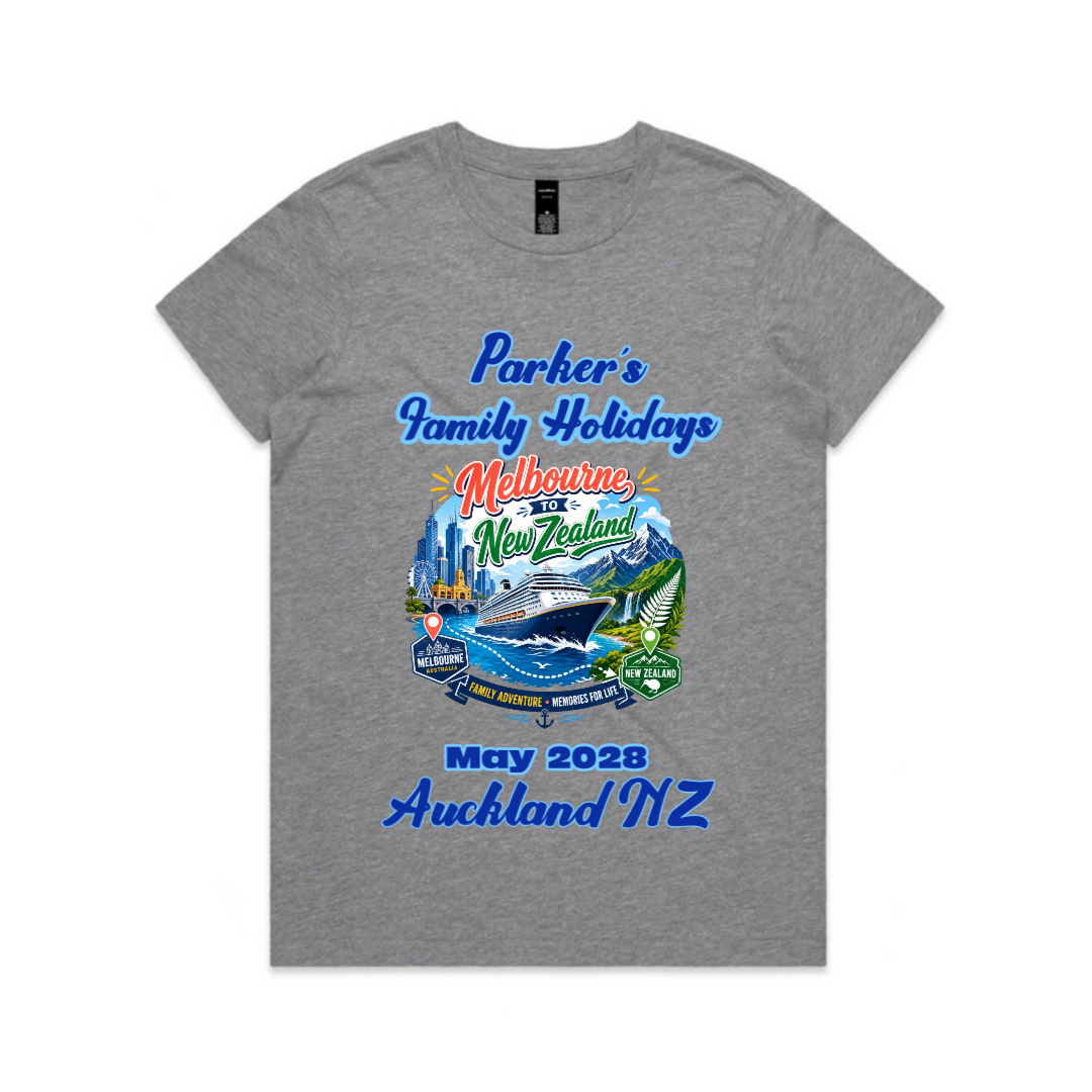 Personalised Grey Marle AS Colour Maple Tee for women with front print for a Melbourne to New Zealand cruise, featuring family name, travel date and Auckland NZ destination.