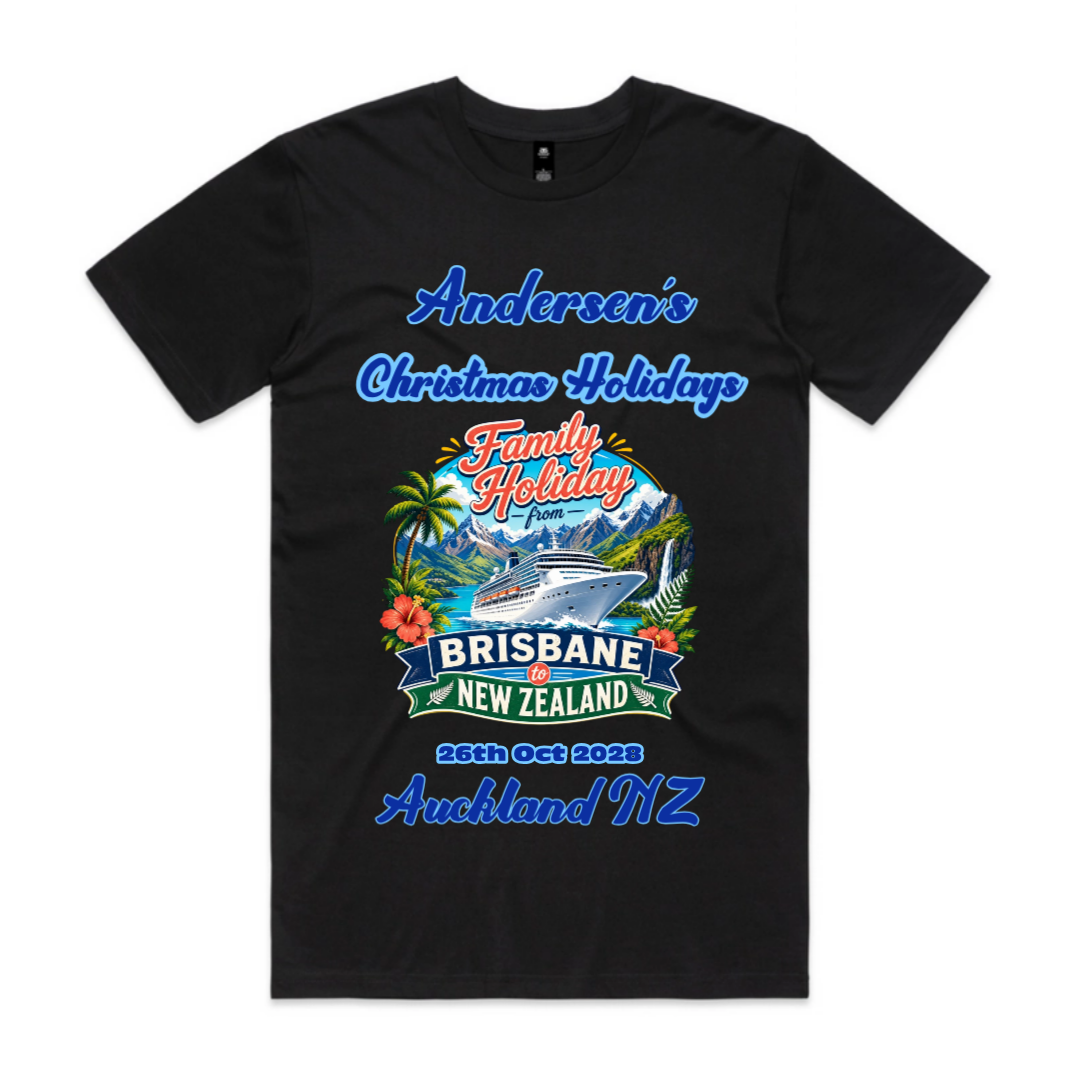Personalised black AS Colour Staple Tee for a Melbourne to New Zealand cruise, featuring a front print with family name, cruise date, destination and matching family holiday design.