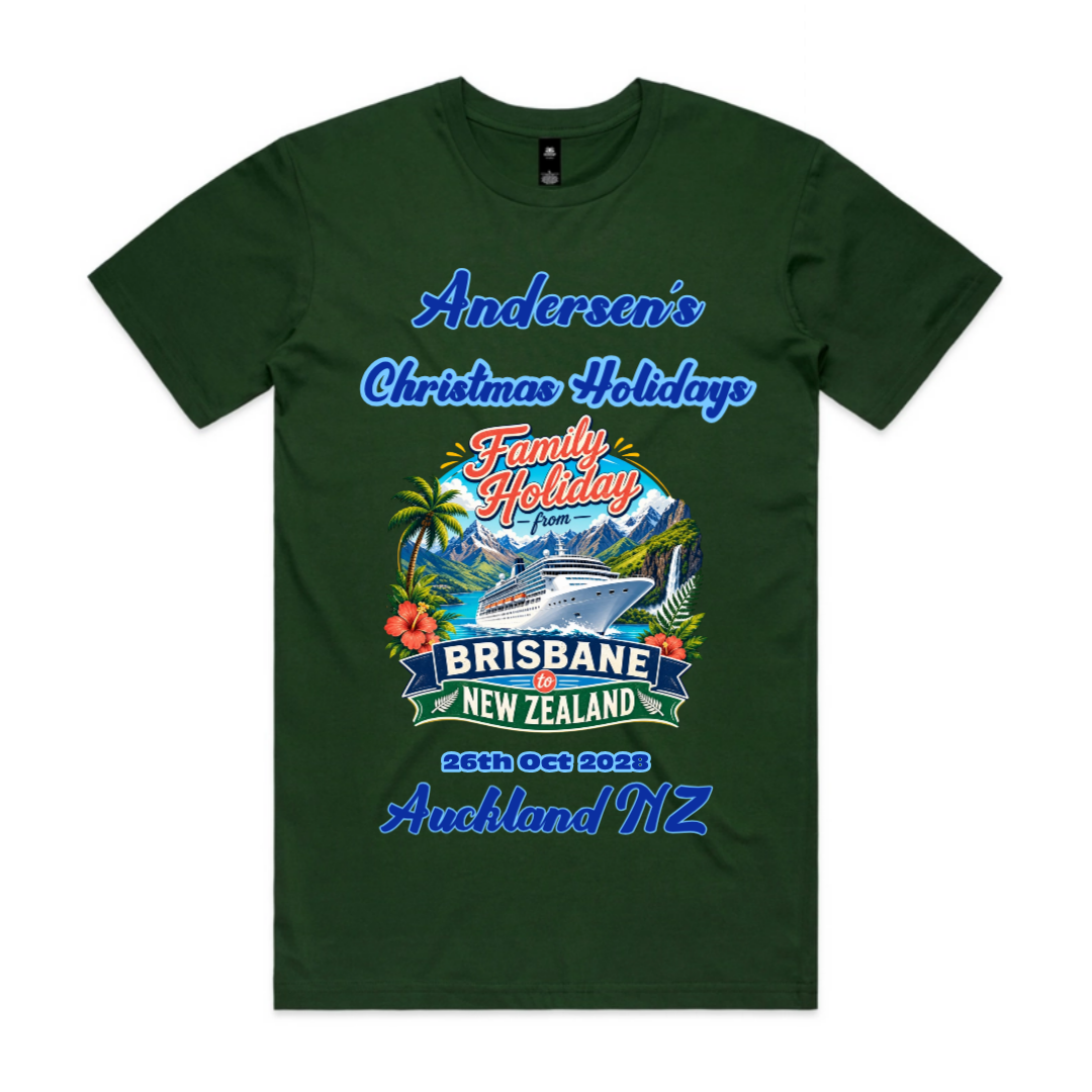 Personalised Forest Green AS Colour Staple Tee for a Melbourne to New Zealand cruise, featuring a front print with family name, cruise date, New Zealand destination and matching family holiday design.