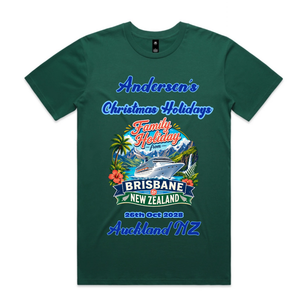 Personalised JADE AS Colour Staple Tee for a Melbourne to New Zealand cruise, featuring a front print with family name, cruise date, destination details and matching family holiday design.