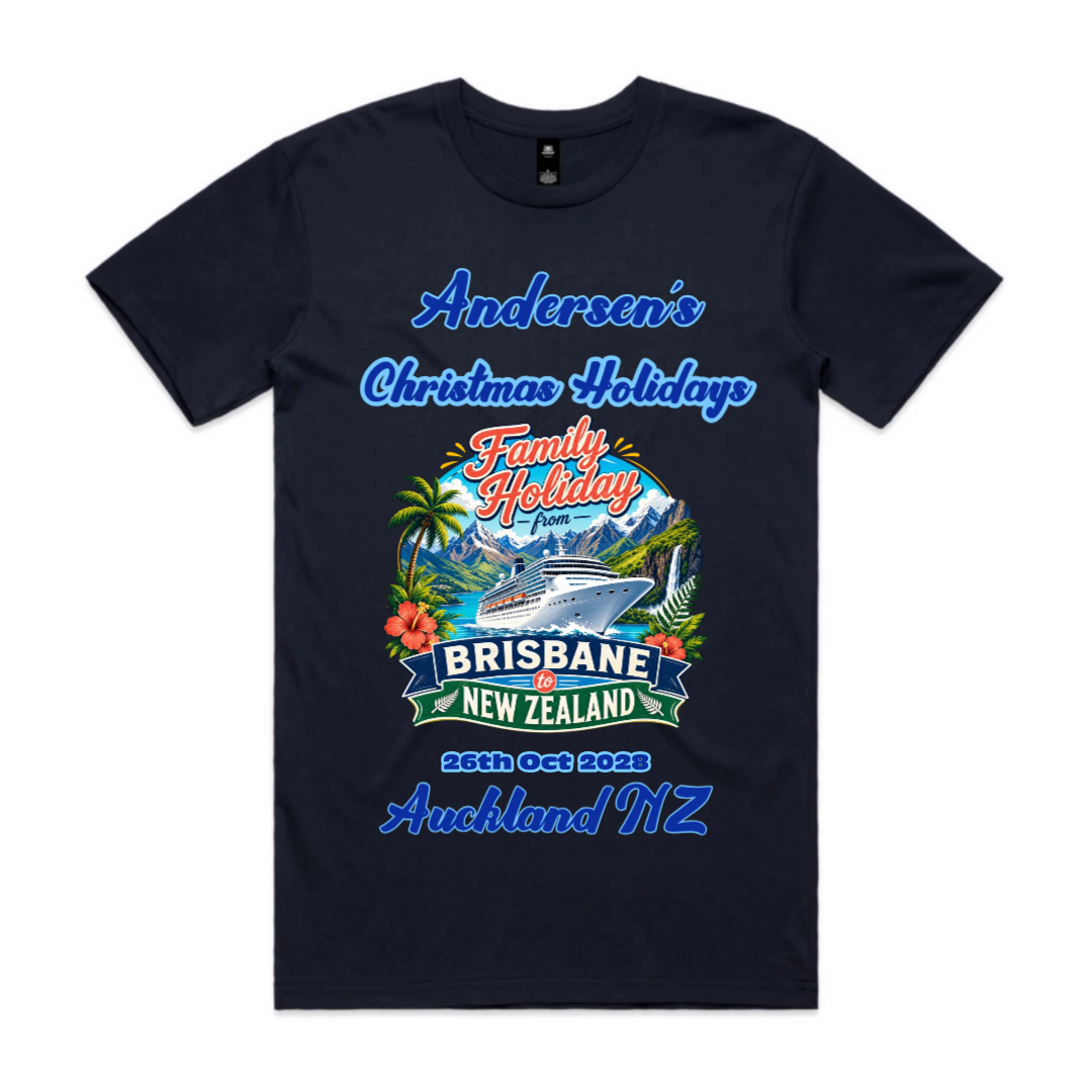 Personalised navy AS Colour Staple Tee for a Melbourne to New Zealand cruise, featuring a front print with family name, cruise date, destination details and matching family holiday design.