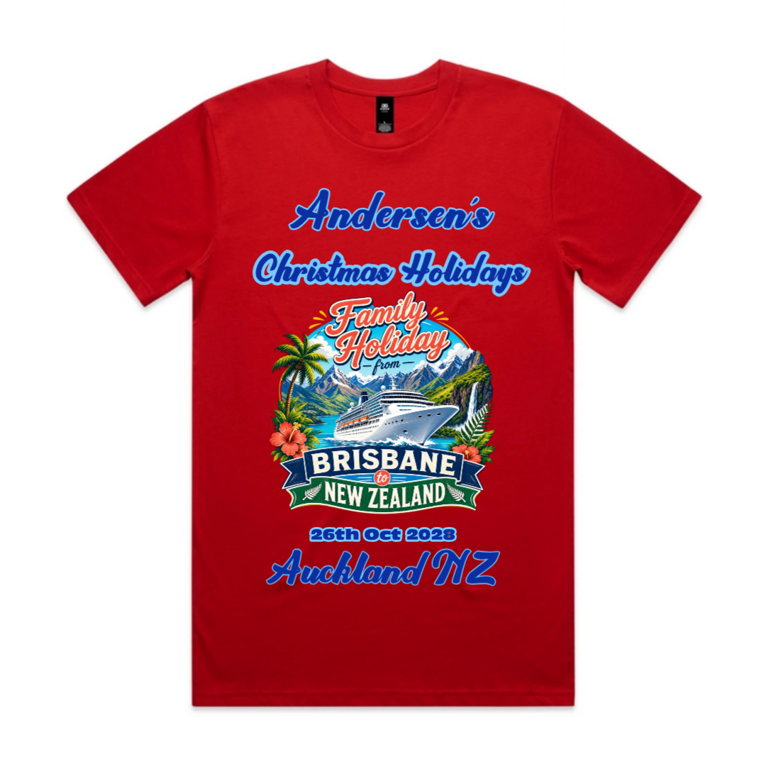 Personalised red AS Colour Staple Tee for a Melbourne to New Zealand cruise, featuring a front print with family name, cruise date, New Zealand destination and matching family holiday design.
