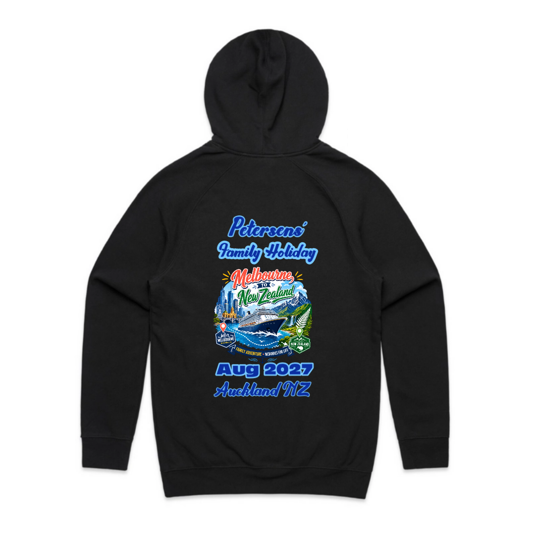 Personalised black AS Colour Supply Hood for a Melbourne to New Zealand cruise, featuring a back print with family name, cruise date, Auckland NZ destination and family holiday cruise design.