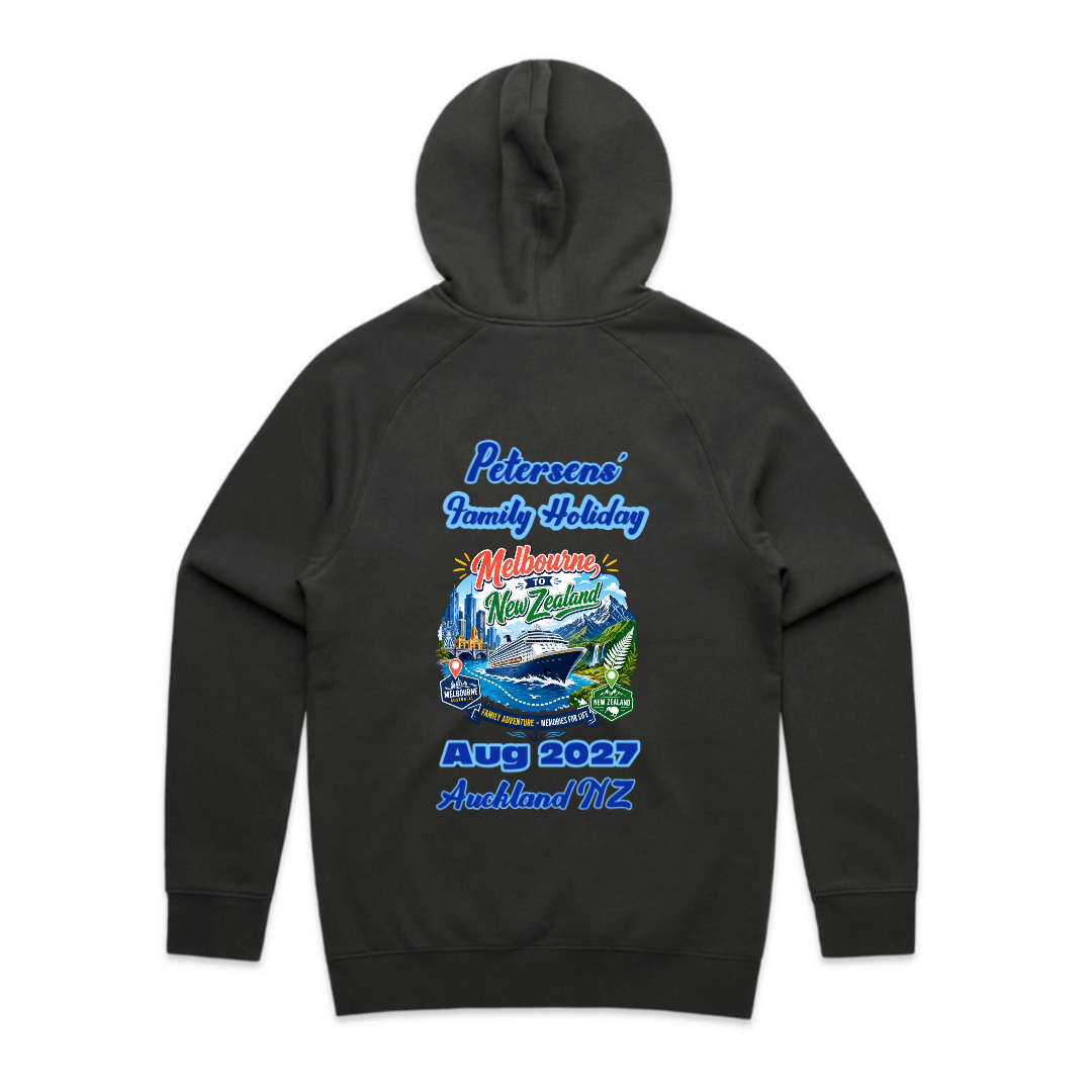 Personalised coal AS Colour Supply Hood for a Melbourne to New Zealand cruise, featuring a back print with family name, cruise date, Auckland destination and matching family holiday design.