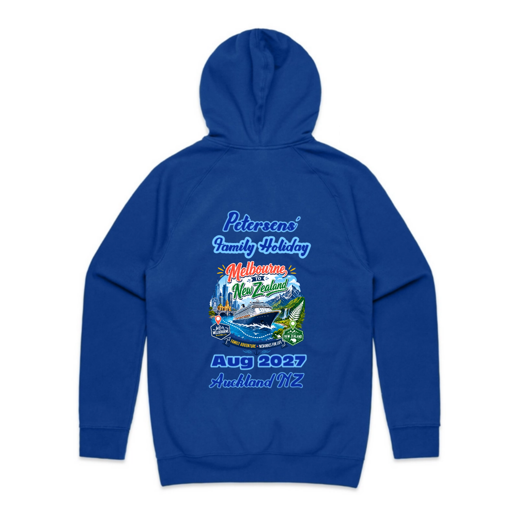 Personalised Royal Blue AS Colour Supply Hood with back print for a Melbourne to New Zealand cruise, featuring family name, August 2027 cruise date and Auckland NZ destination.
