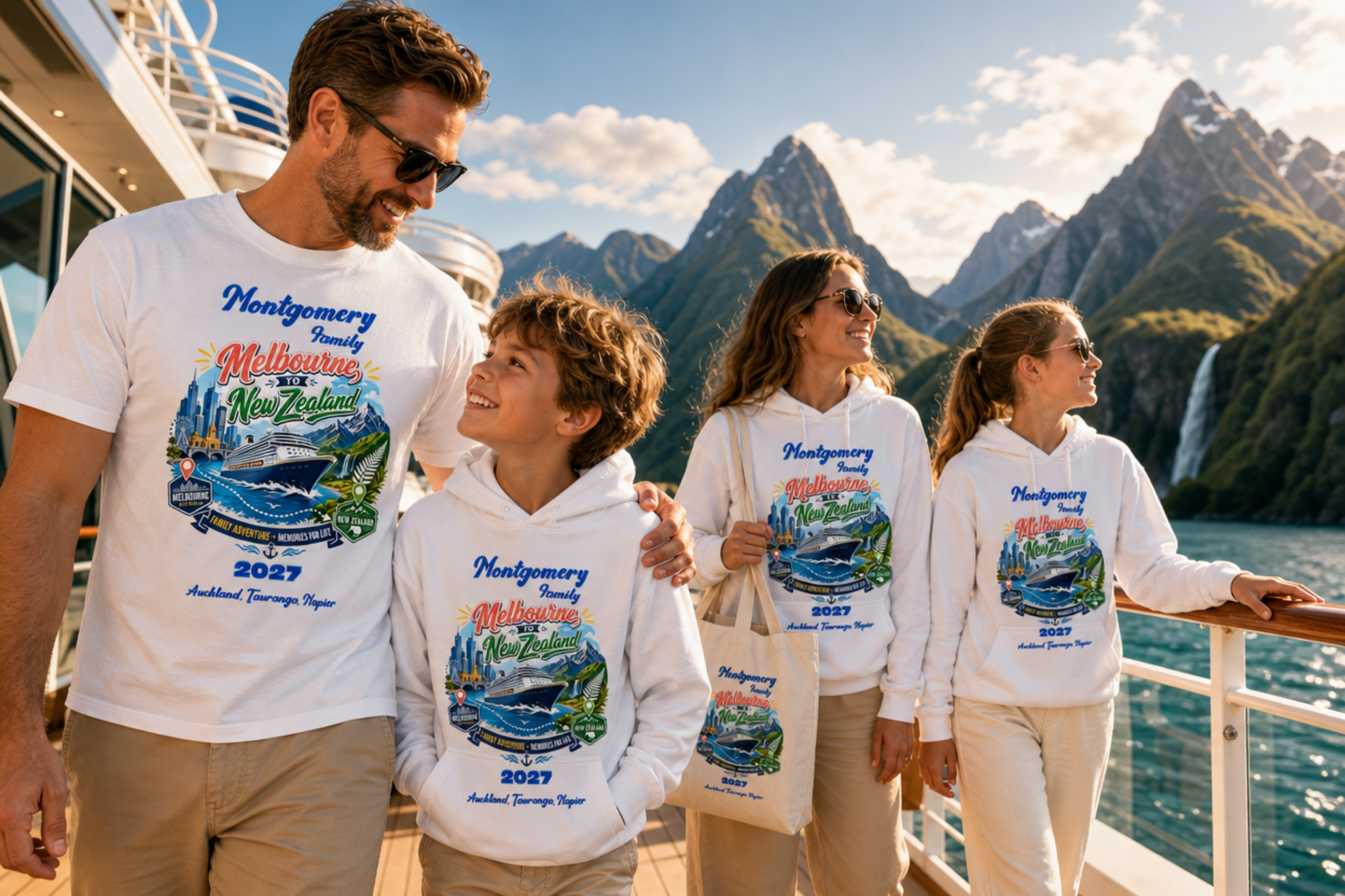 Family wearing matching personalised Melbourne to New Zealand cruise T-shirts and hoodies with a custom tote bag on a cruise ship.