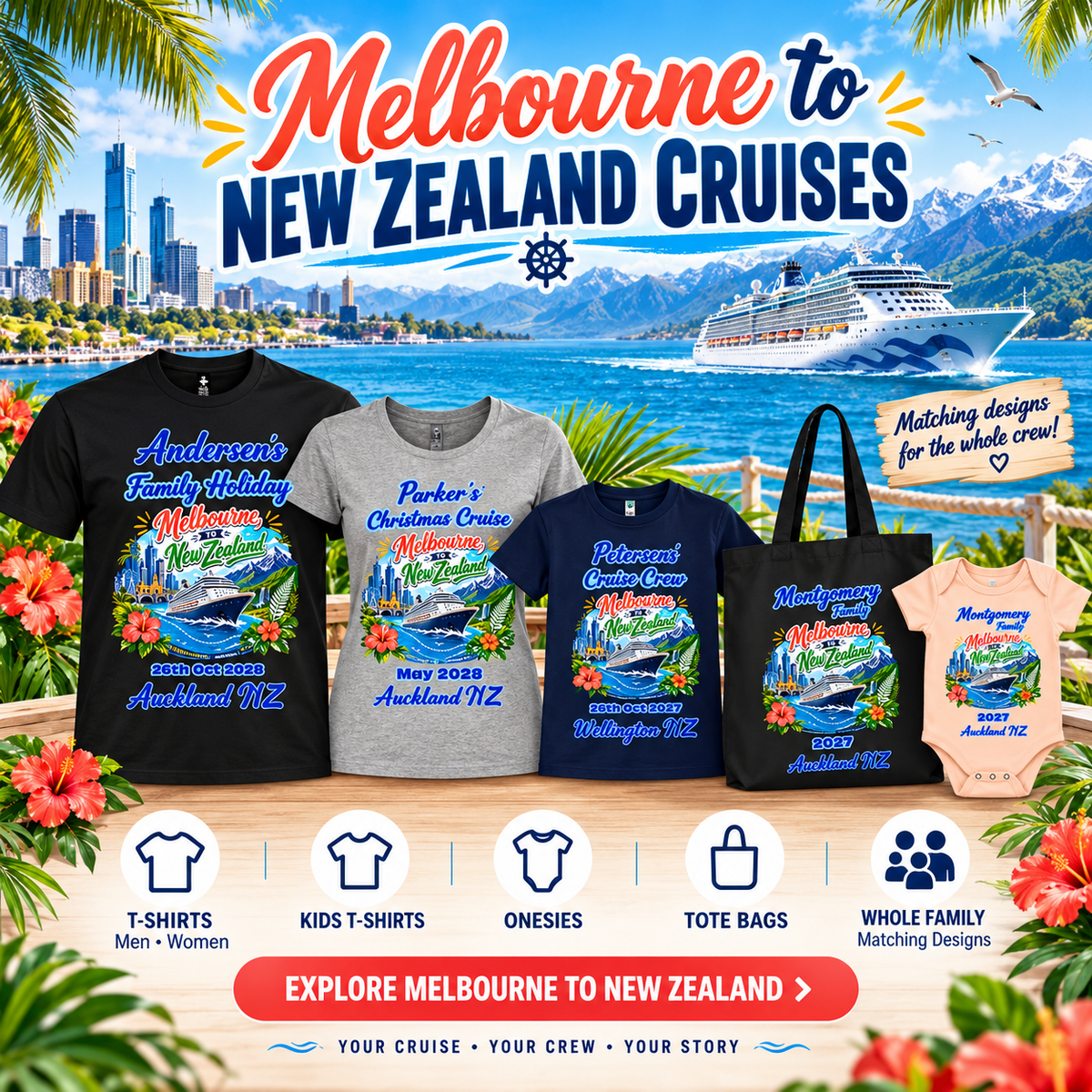 Personalised Melbourne to New Zealand cruise T-shirts, kids shirts, baby onesies and tote bags with matching family cruise designs.