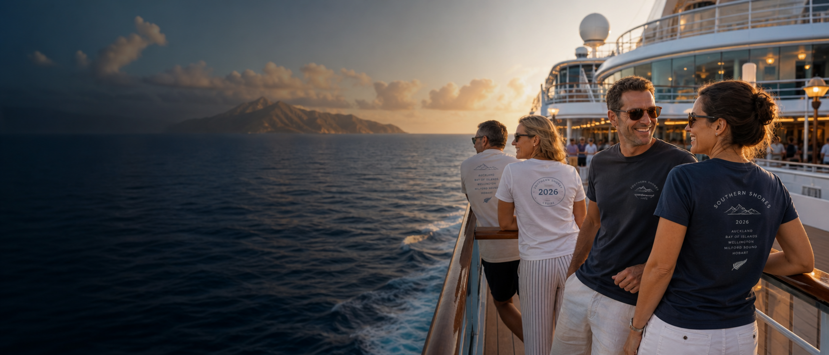 Cruise group wearing personalised New Zealand cruise T-shirts on a ship at sunset, featuring custom names, year and destinations.