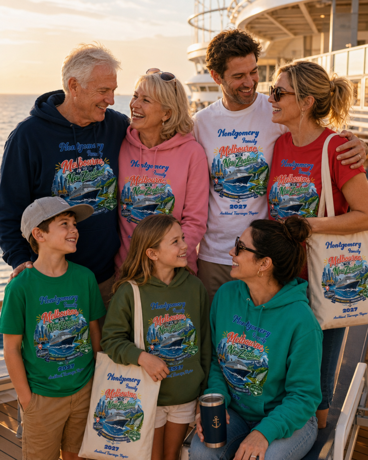 Family wearing personalised Melbourne to New Zealand cruise shirts and hoodies on a cruise ship.