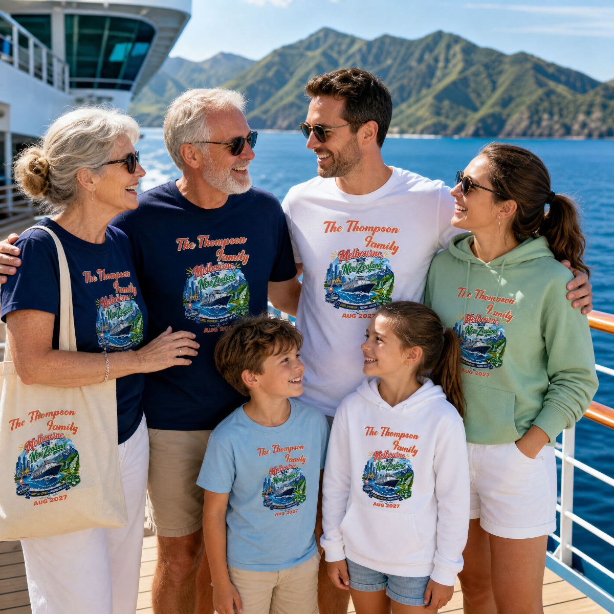 Family wearing personalised Melbourne to New Zealand cruise shirts and hoodies with family name, destination and cruise year.