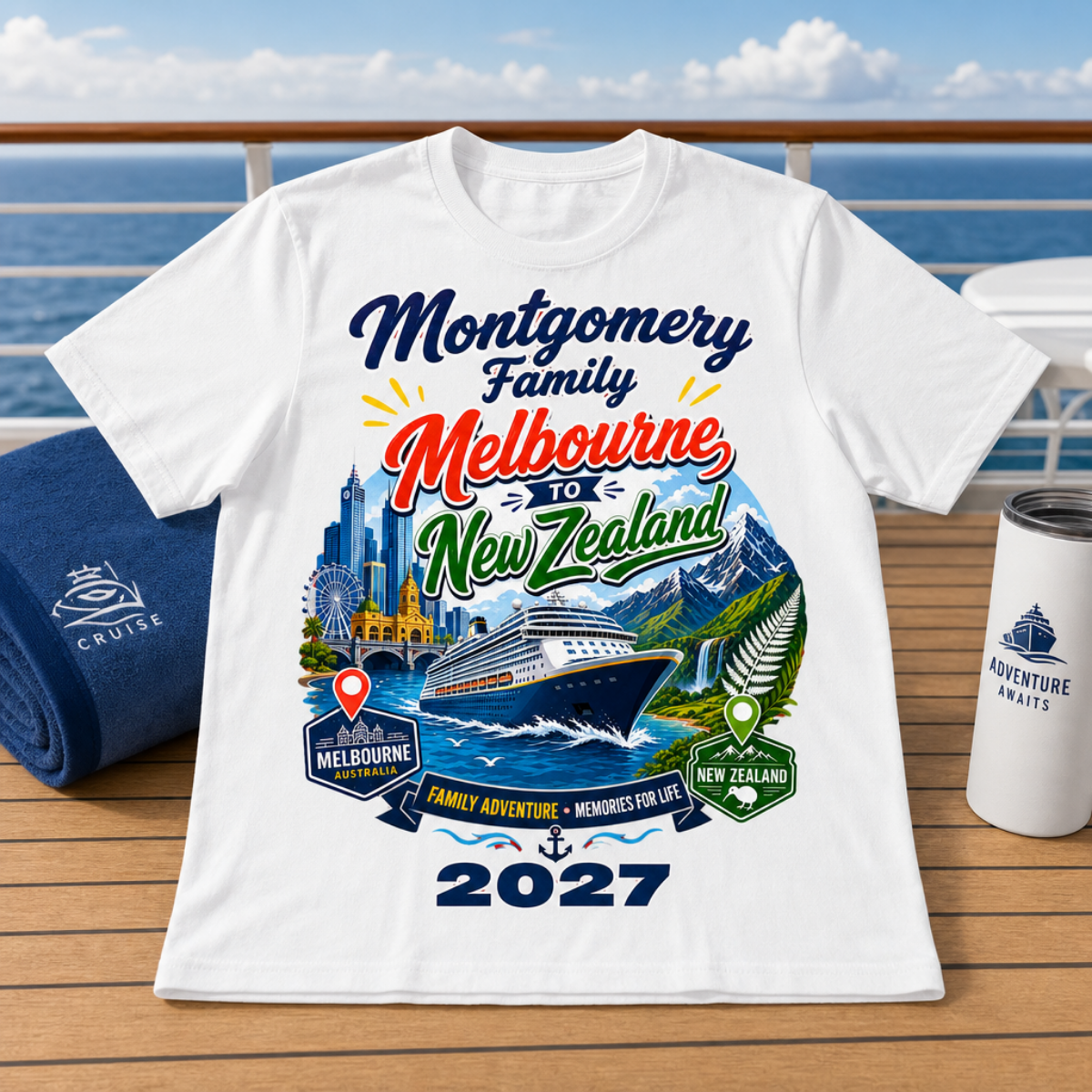 Personalised Melbourne to New Zealand family cruise shirt featuring family name, cruise destination and year 2027.